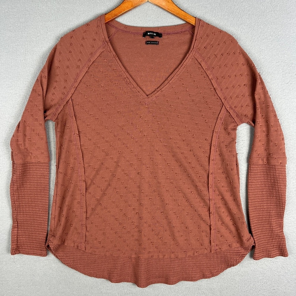 Miss Me Textured Knit Top Womens M‎ Raglan V Neck Waffle Knit Trim Boho USA